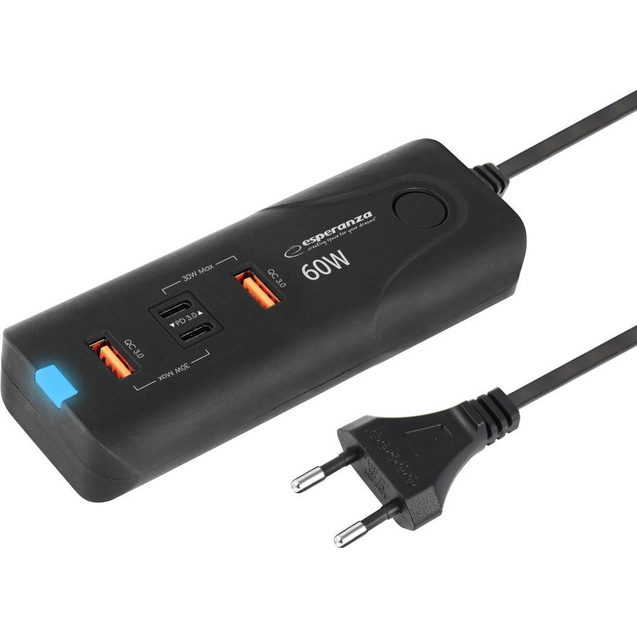 Esperanza Quick Power Charger 2xUSB-A / 2xUSB-C Hálózati Gyorstöltő Adapter 60W - Fekete (EZC109)