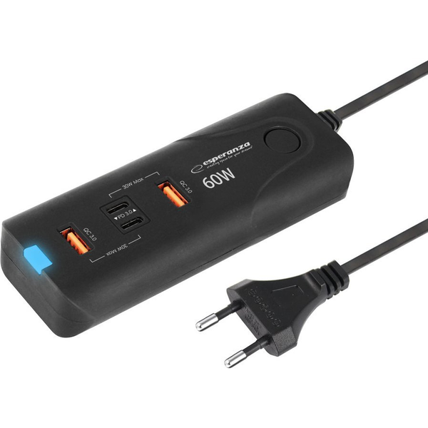 RYCHLÁ VÝKONNÁ SÍŤOVÁ NABÍJEČKA 60W 2x USB-C PD 30W / 2x USB-A QC 3.0 18W