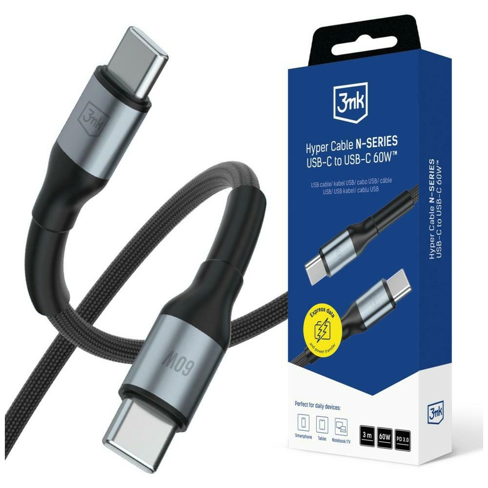 Kábel 3mk Hyper Cable N- C to C 3m PD 3.0 QC 3.0 20V/3A 60W čierny