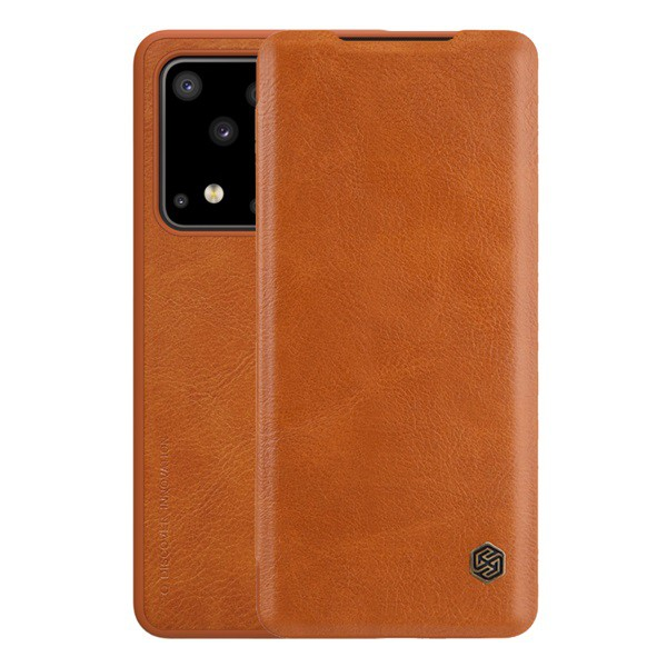 NILLKIN QIN tok álló, bőr hatású (FLIP, oldalra nyíló, bankkártya tartó) BARNA [Samsung Galaxy S20 Ultra 5G (SM-G988B)]