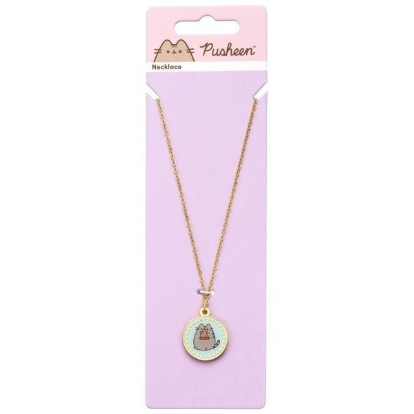 Collar Dorado De Pusheen Con Abalorio Redondo Azul Con Pizza De 40 Cm