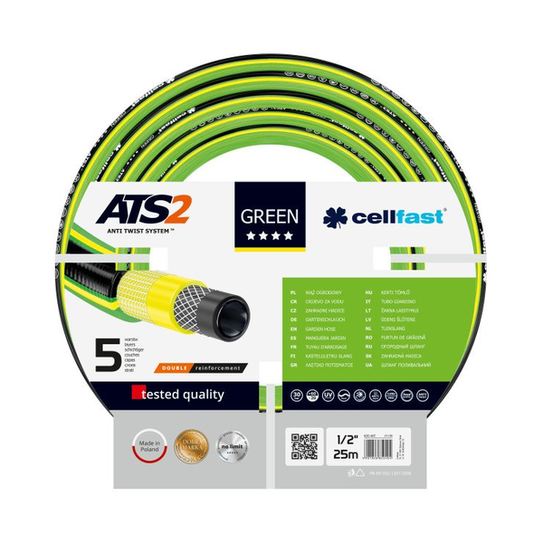 Градински маркуч с 5 слоя Cellfast GREEN, 1/2", Армиран, 25 м дължина, UV защита, Против усукване