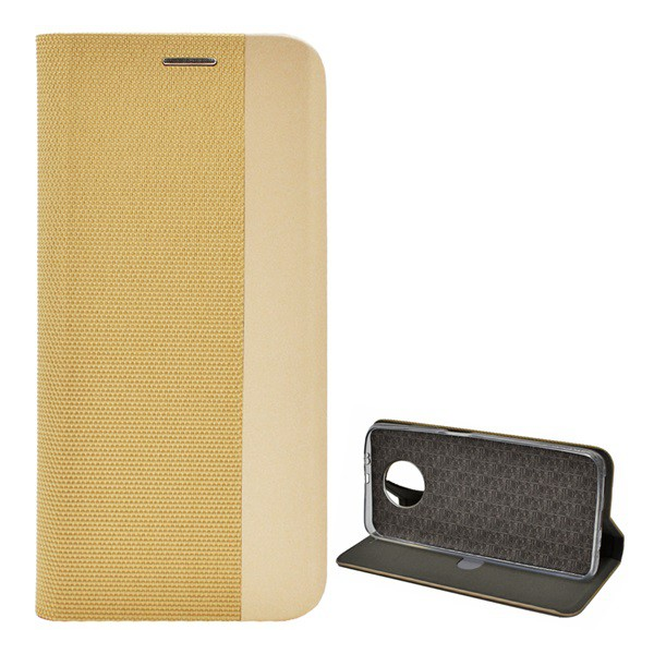 Tok álló, bőr hatású (FLIP, oldalra nyíló, asztali tartó funkció, textil minta) ARANY [Xiaomi Redmi Note 9T 5G] (5996591089621)