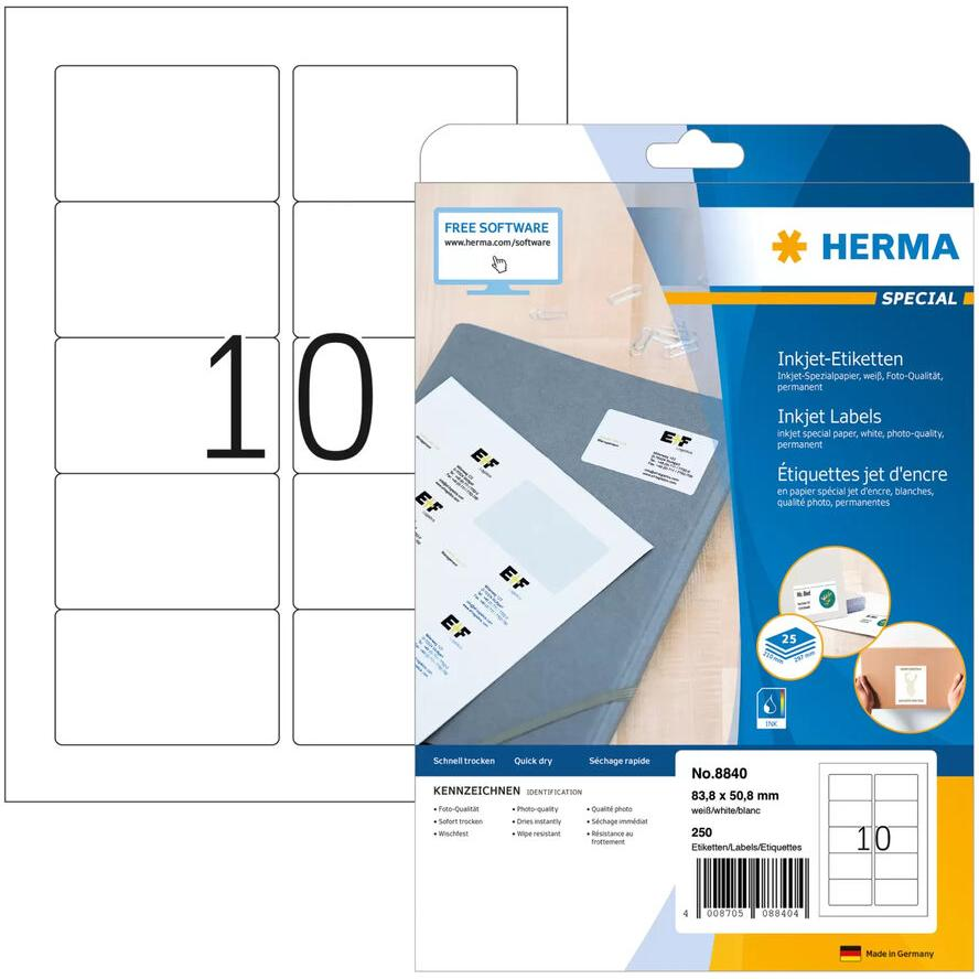 HERMA Inkjet-Etiketten A4 weiß 83,8x50,8 mm Papier 250 St. (8840) (8840)