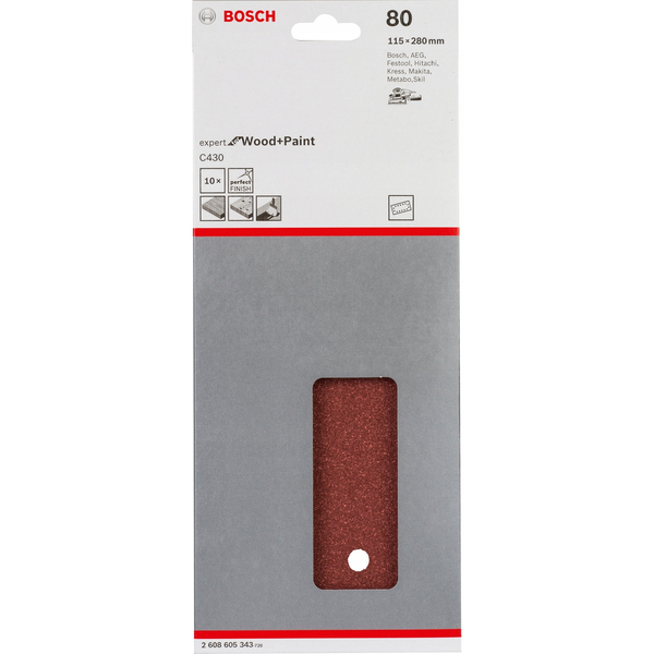 Bosch EXPERT C430 csiszolópapír rezgőcsiszolókhoz, fa és festék,  115x280 mm, G80, 10db
