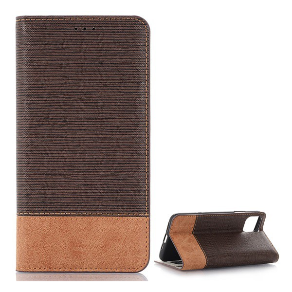 Tok álló, bőr hatású (FLIP, oldalra nyíló, asztali tartó funkció, textil hatás) SÖTÉTBARNA [Apple iPhone 11 Pro] (5996457903511)