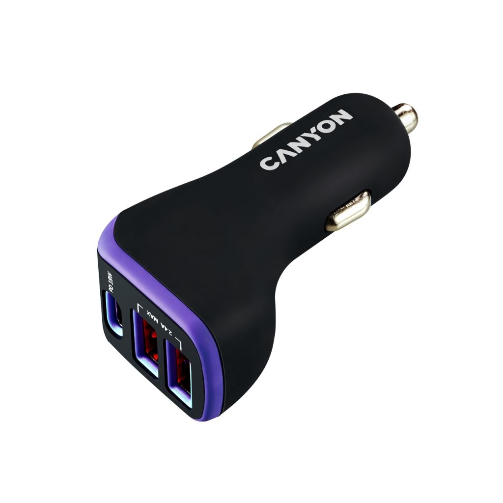 Canyon CNE-CCA08PU autós töltő 2xUSB-A, 1xUSB-C fekete-lila (CNE-CCA08PU)