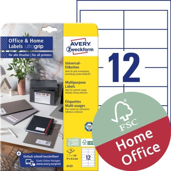 Avery-Zweckform 6123 97.3 x 42.3 mm Papír Fehér 120 db Véglegesen tapadó Univerzális etikett Tinta, Lézer, Másolat 10 lap (6123)