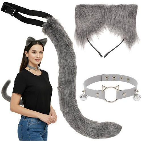 Kostým Kočka Lisa Wilka RUHHY Ocas Uši Choker Šedý Převlek 3v1 Kostým
