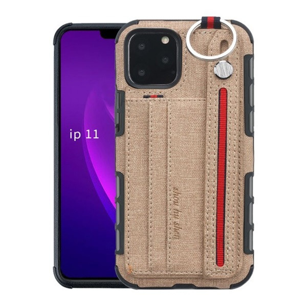 Apple iPhone 11 Pro Max, Szilikon tok, közepesen ütésálló, stand, textil hátlap, felakasztható, kézpánttal, világosbarna (G95760)
