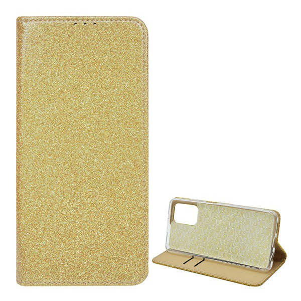 Tok álló, bőr hatású (FLIP, szilikon belső, oldalra nyíló, asztali tartó funkció, bankkártya tartó, csillogó) ARANY [Xiaomi Redmi Note 10 4G (Note 10s)] (5996591089706)