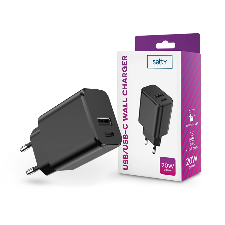 Setty hálózati töltő adapter Type-C + USB bemenettel - 20W - Setty USB/USB-C Wall Charger PD3.0 - fekete (TF-0120)
