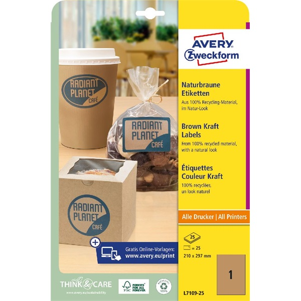 Avery L7109-25 210x297mm újrahasznosított barna kraft etikett (L7109-25)