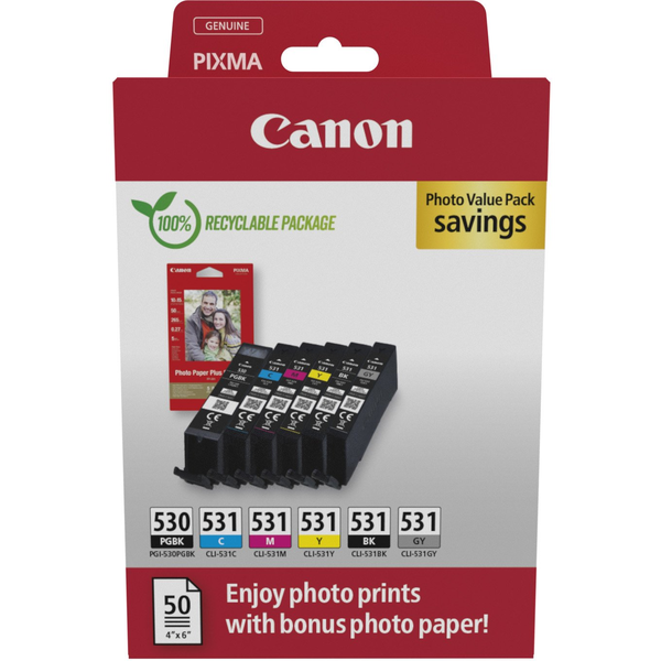 Canon PGI-530/CLI-531 PVP blækpatron 6 stk Original Sort, Blå, Grå, Magenta, Foto sort, Gul
