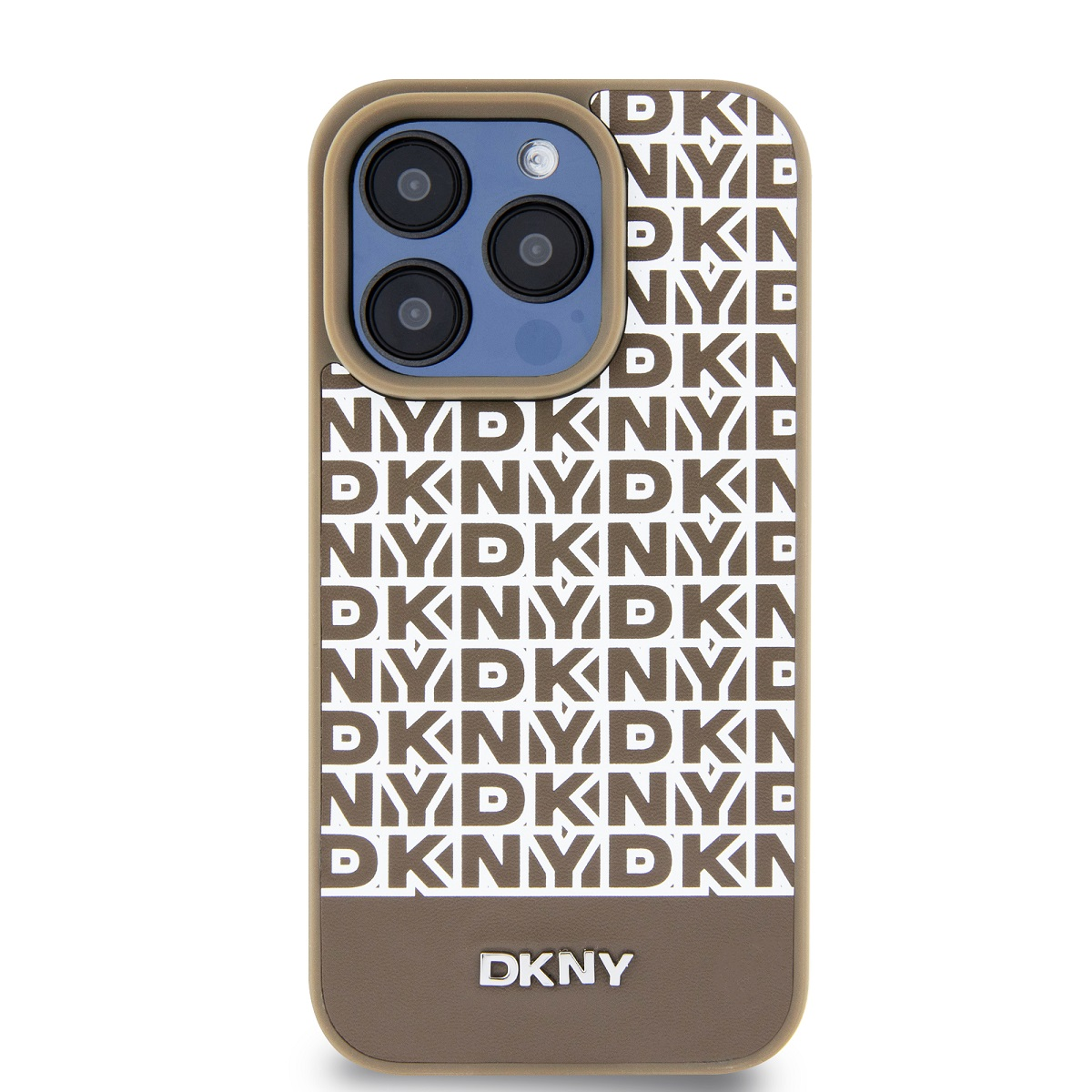 DKNY iPhone 15 Pro Max MagSafe Ismétlődő mintás alsó csíkos PU Bőr Telefon tok - Barna (DKHMP15XPSOSPW)