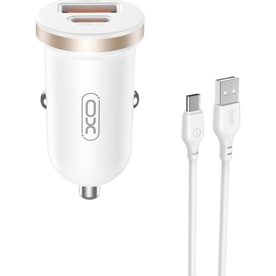 XO CC56 Autós Töltő 1x USB-A 1x USB-C + USB-A - USB-C Kábel PD QC 30W - Fehér (GSM175614)