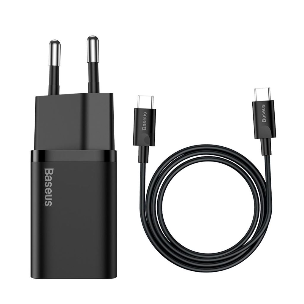 Baseus Super Si 1C 25W gyorstöltő adapter, USB-C-USB-C kábellel, 1m, fekete (TZCCSUP-L01) (TZCCSUP-L01)
