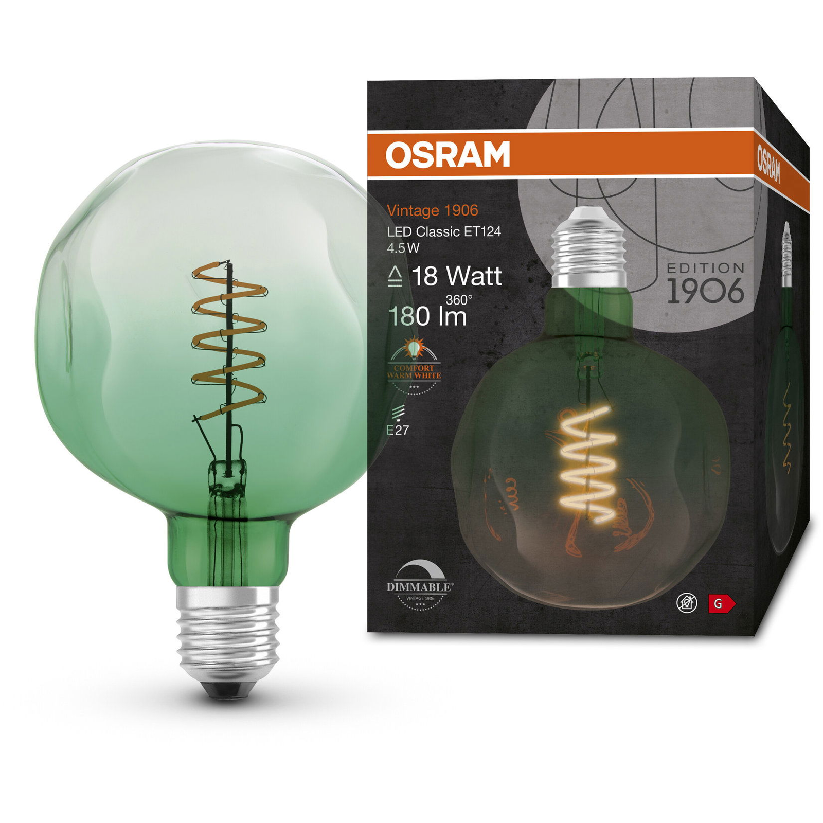 OSRAM LED izzó, zöld, VINTAGE, E27, 4,5 W, GLOBE, meleg fehér (4058075761858)