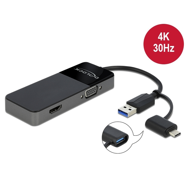 DELOCK USB 3.2 Gen 1 Adapter zu 4K HDMI + VGA Splitter Funkt