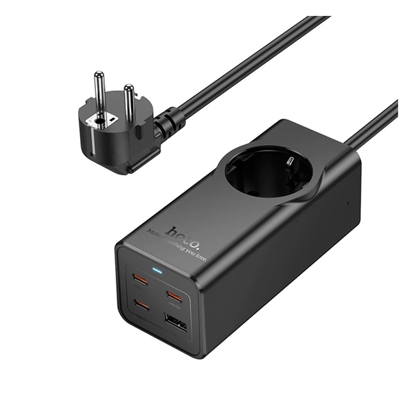 Hoco hálózati elosztó AC+USB+3 Type-C aljzat (67W, PD gyorstöltő 3.0 + 200cm tápkábel) FEKETE (NS9) (NS9)