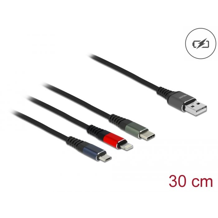 Delock 87236 3az1-ben USB 2.0 A - Lightning/USB Micro-B/USB Type-C töltő kábel 30cm (87236) (delock87236)