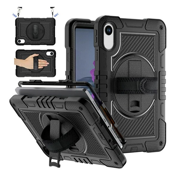 Defender műanyag telefonvédő (ütésállóság, kitámasztó, 360° + kézpánt, vállpánt) FEKETE Xiaomi Redmi Pad 2 "Gigapack csomagolás" (GP-171820)