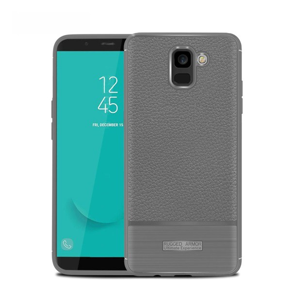 Szilikon telefonvédő (közepesen ütésálló, bőr hatású, szálcsiszolt) SZÜRKE [Samsung Galaxy J6 (2018) SM-J600F] (5996457795734)