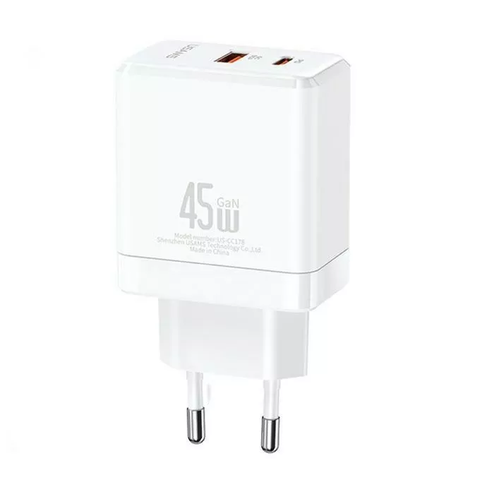 USAMS US-CC178 T58 USB-C / USB-A Hálózati töltő - Fehér (45W) (USA001289)