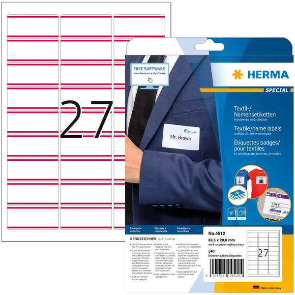 HERMA Textil/Namensetiketten A4 63,5x29,6mm weiß/rot  540St.