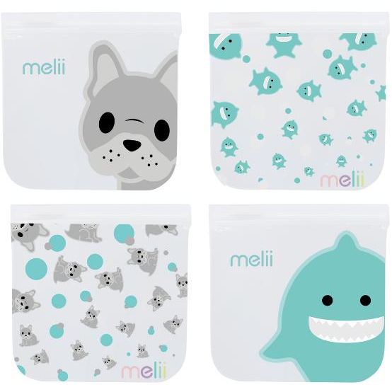 Melii Bulldog és cápa újrafelhasználható uzsonnás tasakok, 4 db (790693212100)