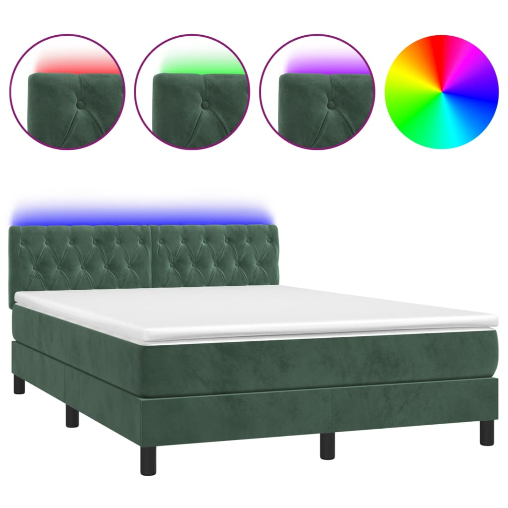 sötétzöld bársony rugós és LED-es ágy matraccal 140x200 cm (3134588)