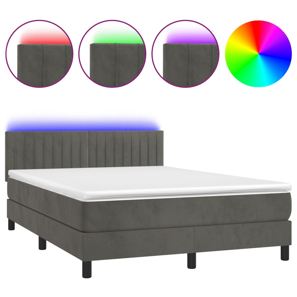 sötétszürke bársony rugós és LED-es ágy matraccal 140x190 cm (3134520)