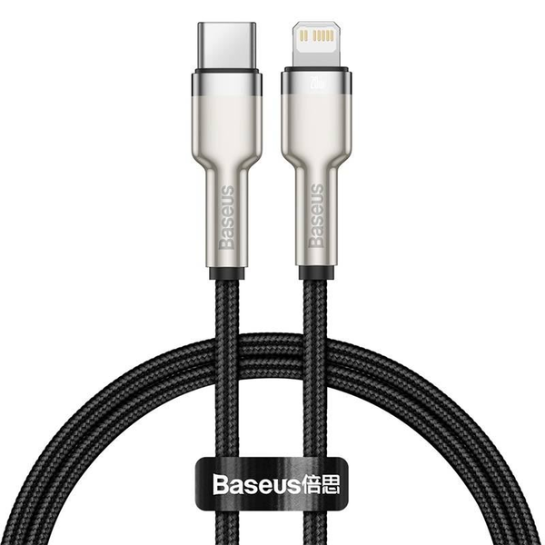 Кабел за захранване и данни Baseus, Metal Cables, Fast Charging, USB Type-C към Lightning PD 20W плетен 0,25 м, Черен