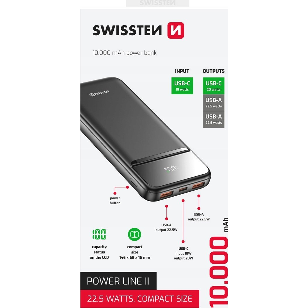 Външна батерия Swissten Line II 10 000 mAh, черна