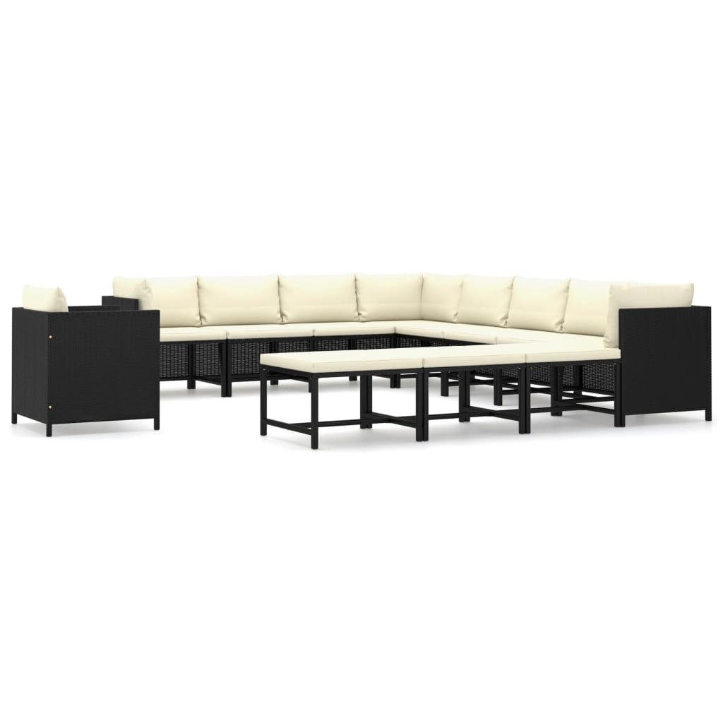 12 részes fekete polyrattan kerti bútorszett párnákkal (3059803)