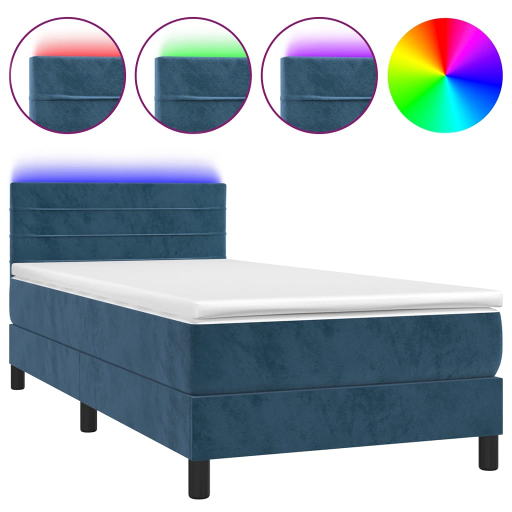 sötétkék bársony rugós és LED-es ágy matraccal 90x190 cm (3134439)
