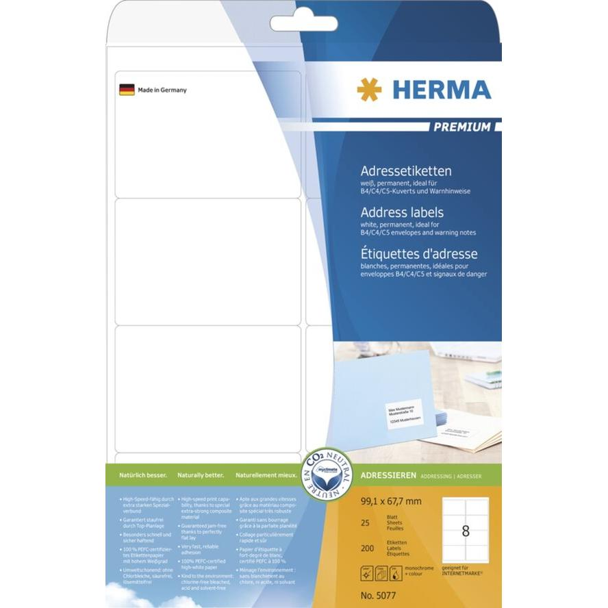 HERMA Adressetiketten A4 weiß 99,1x67,7 mm Papier 200 St. (5077) (5077)
