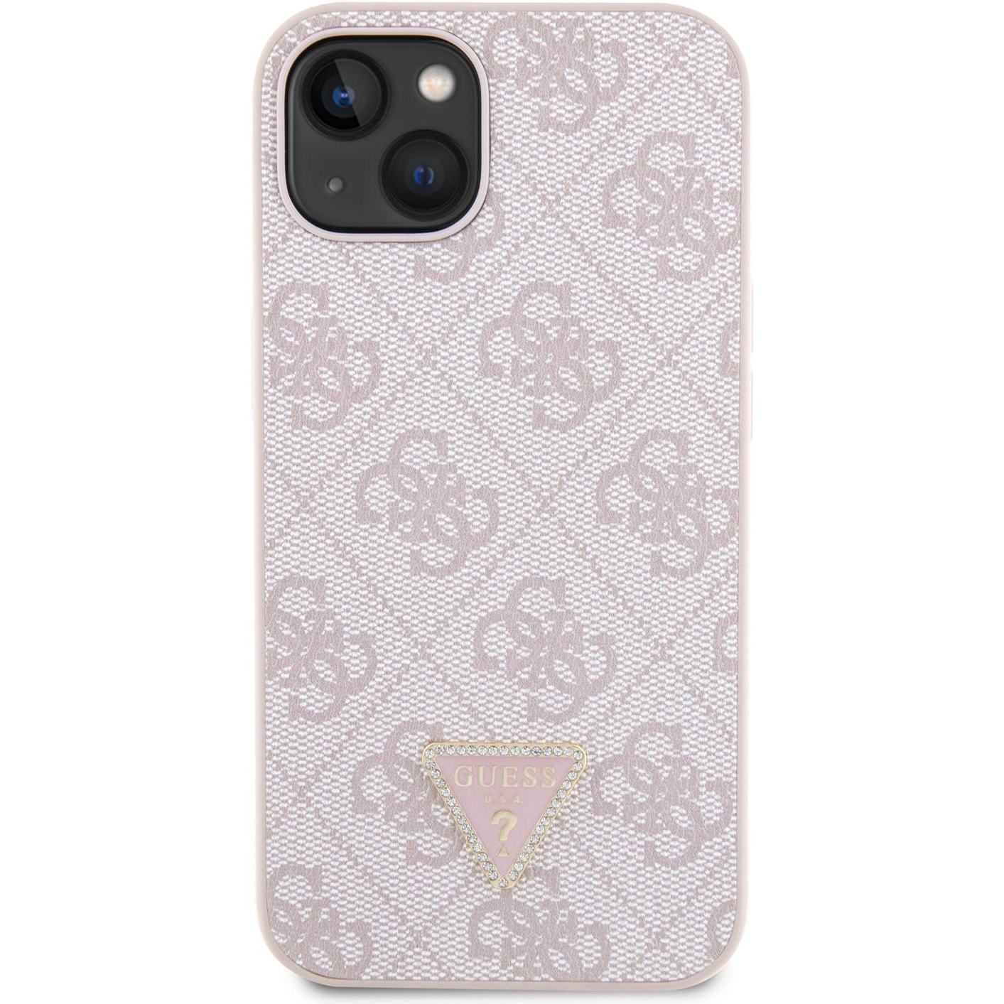 Guess PU 4G Strass Triangle Metal Logo iPhone 15 rózsaszín tok (GUHCP15SP4TDPP)