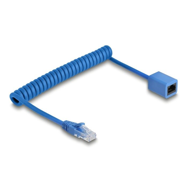 Delock RJ45 Spiralkabel Stecker zu Buchse Cat.6 UTP 0,8 m bis 1,8 m blau