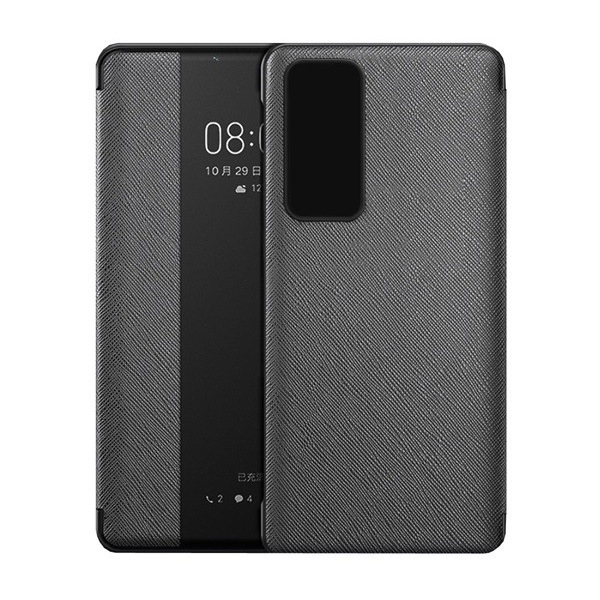 Tok álló, bőr hatású (aktív FLIP, oldalra nyíló, View Window, textil minta) FEKETE [Huawei P40] (5996457966264)