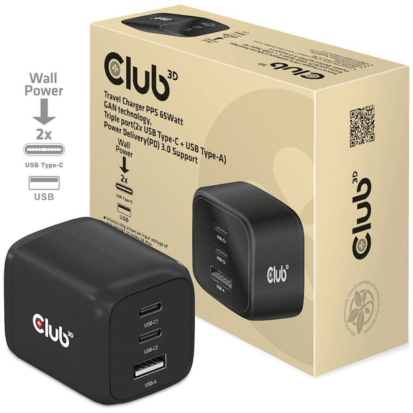 CLUB3D CAC-1913 încărcătoare pentru dispozitive mobile Telefon mobil, Laptop, Smartphone, Universală Negru AC Încărcare rapidă De interior