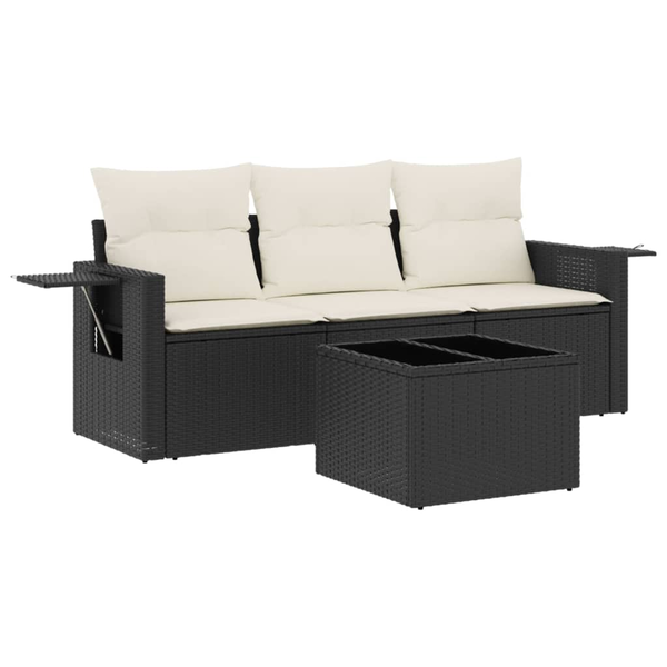 Set mobilier de grădină cu perne, 4 piese, negru, poliratan