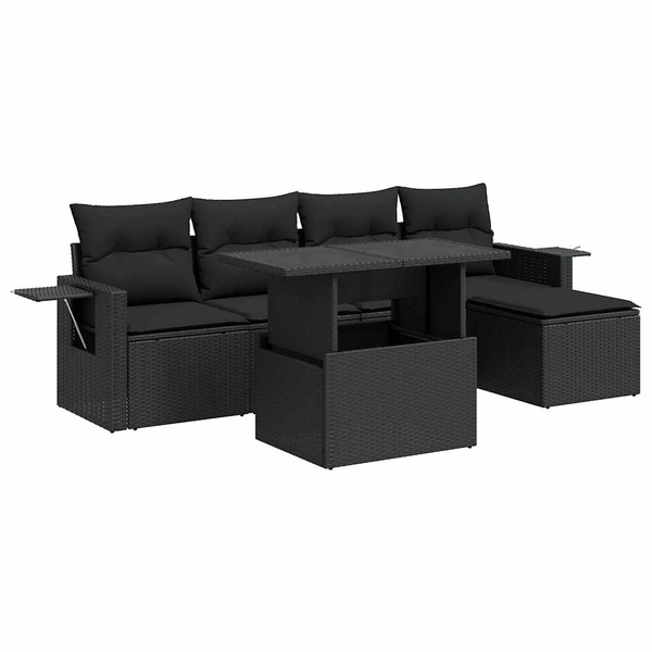 6 részes fekete polyrattan kerti ülőgarnitúra párnákkal
