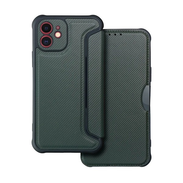 Apple iPhone 12, калъф със странично отваряне, ъгъл с въздушна възглавница, кожен ефект, карбонов модел, Razor Book, зелен (RS129243)