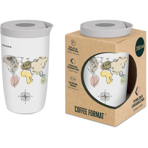 Coffee Format Biały kubek termiczny z motywem mapy świata 350 ml