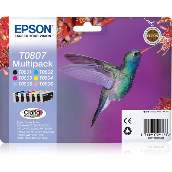 Epson Hummingbird T0807 blækpatron 1 stk Original Sort, Blå, Lys cyan, Lys magenta, Magenta, Gul