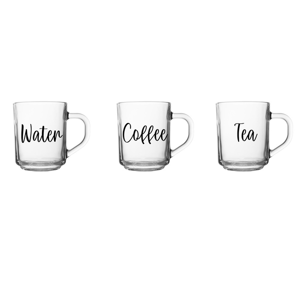 Solmazer Iris 250ml Üveg vizes pohár - Water, Coffee Tea Feliratos átlátszó