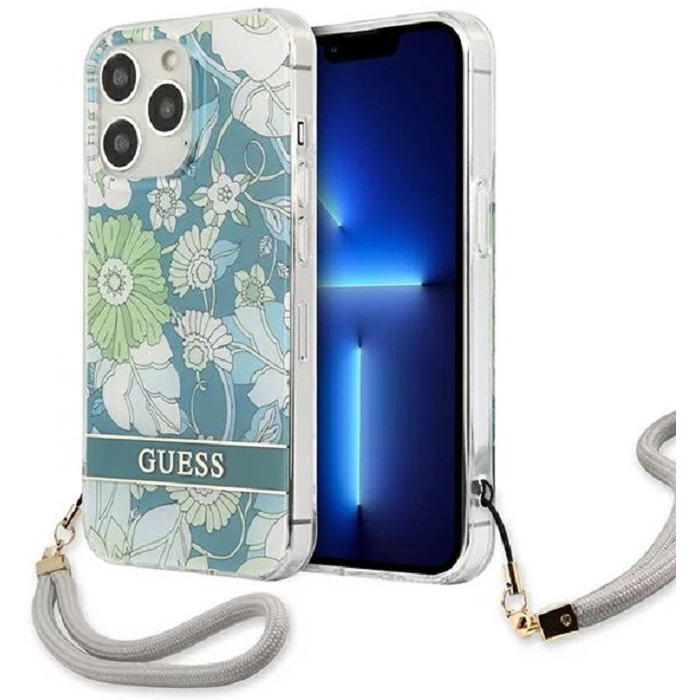 Guess Flower Cord Apple iPhone 13 Pro Max Szilikon Tok - Zöld Mintás (GUHCP13XHFLSN)