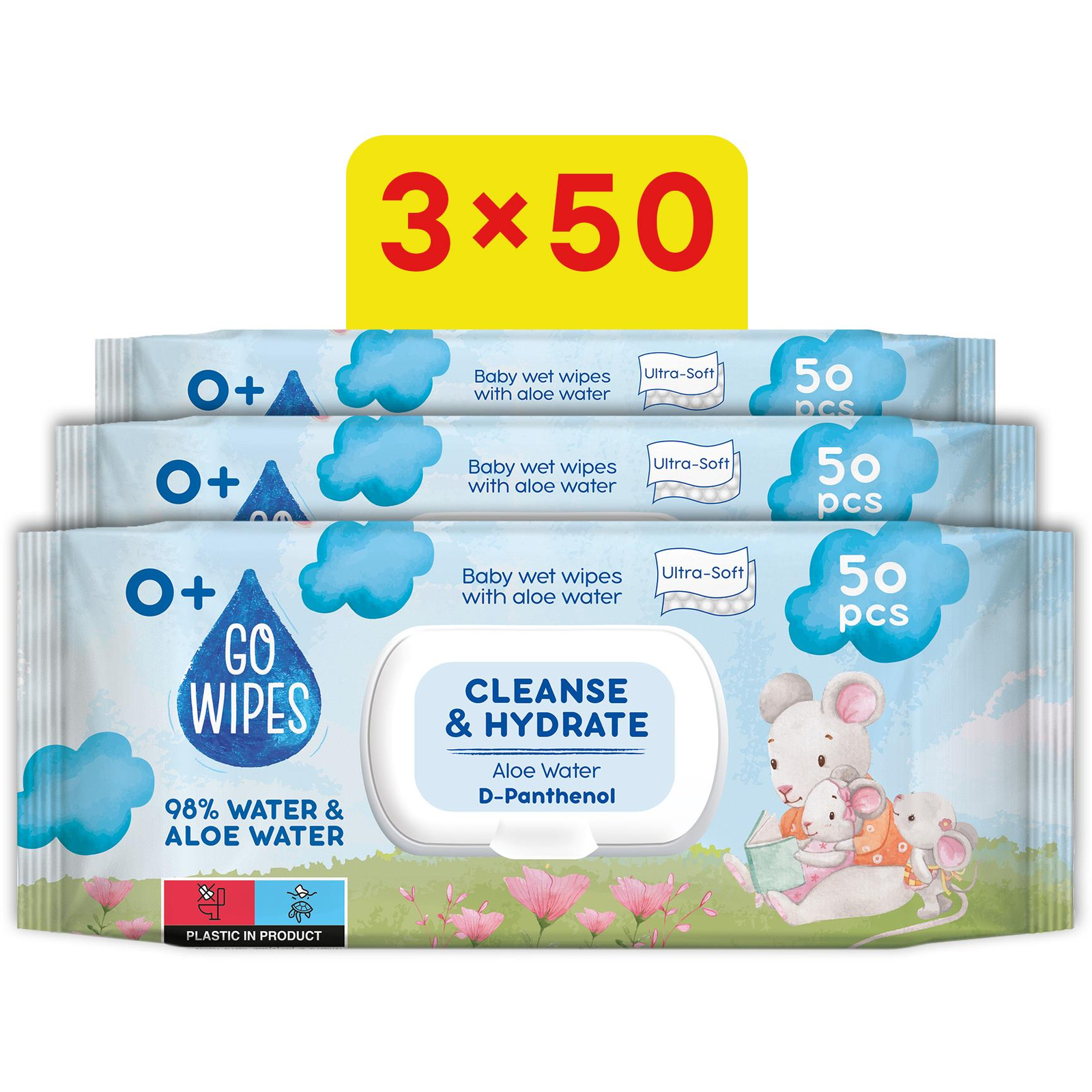 GoWipes Aloe vízzel, D-Panthenolos törlőkendő 3× 50 db (150 db) (BABY23198s3)