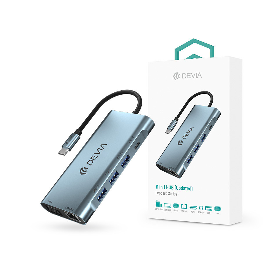 Devia Leopard 11in1 Hub - Type-C - 3xUSB/Type-C/PD/HDMI/VGA/RJ45/Card/Jack elosztó/adapter - szürke (ST399992)